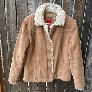 Esprit Y2K Corduroy Faux Fur Trim Button Coat In Tan Sz M